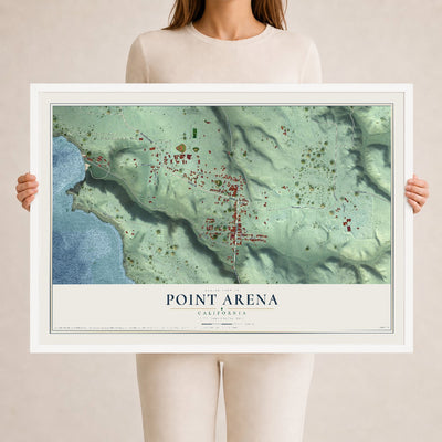 Map of Point Arena, California, 24 x 36 inch print in a white wood frame