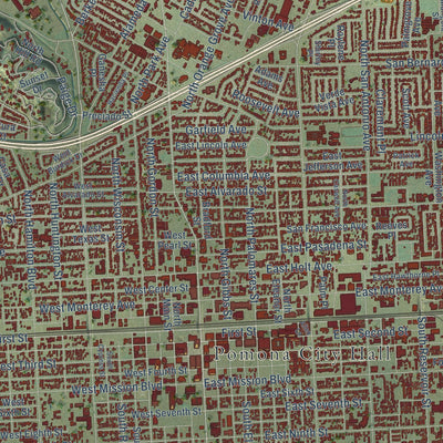 Close-up of the map of Pomona, California print showing street and building detail
