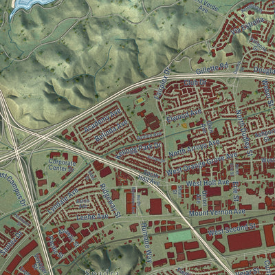 Second close-up of the map of Pomona, California print showing more streets and buildings