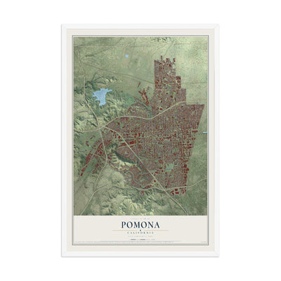 Map of Pomona, California, 12 x 18 inch print in a white wood frame