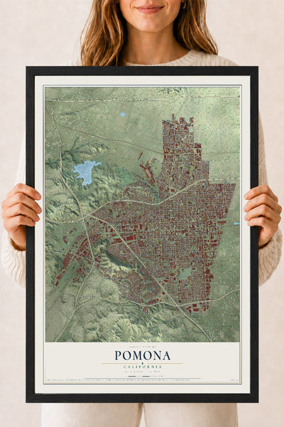 Map of Pomona, California, 18 x 24 inch print in a black wood frame