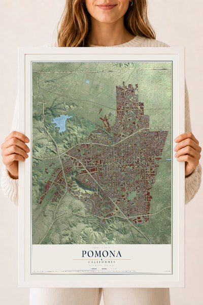 Map of Pomona, California, 18 x 24 inch print in a white wood frame