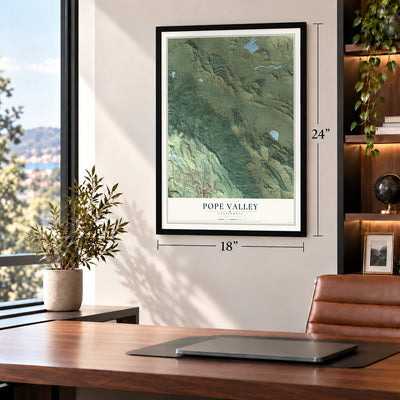 Pope Valley, California map, 18 x 24 inch print in a black frame in a home office