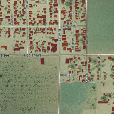 Close-up of the map of Poplar-Cotton Center, California print showing street and building detail