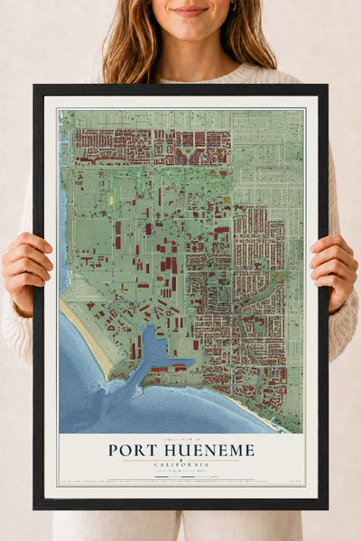Map of Port Hueneme, California, 18 x 24 inch print in a black wood frame