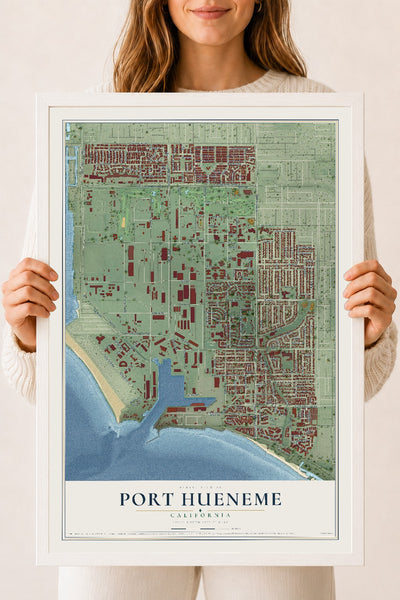 Map of Port Hueneme, California, 18 x 24 inch print in a white wood frame