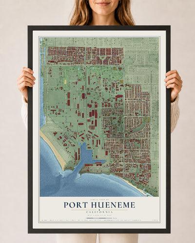 Map of Port Hueneme, California, 24 x 36 inch print in a black wood frame
