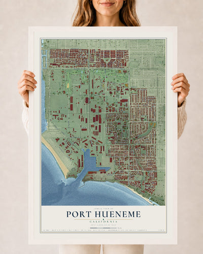 Map of Port Hueneme, California, 24 x 36 inch print in a white wood frame