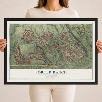 Map of Porter Ranch, California, 18 x 24 inch print in a black wood frame