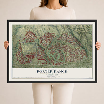 Map of Porter Ranch, California, 24 x 36 inch print in a black wood frame
