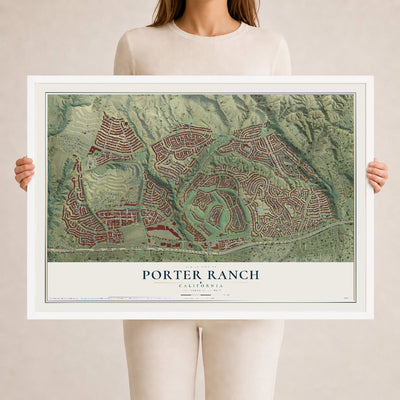 Map of Porter Ranch, California, 24 x 36 inch print in a white wood frame