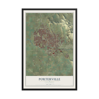 Map of Porterville, California, 12 x 18 inch print in a black wood frame