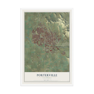 Map of Porterville, California, 12 x 18 inch print in a white wood frame