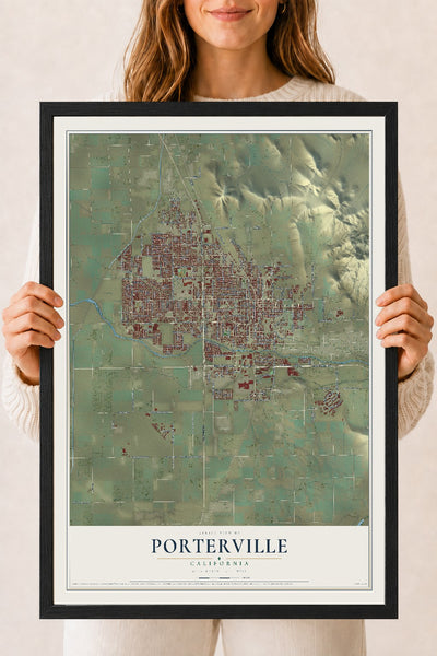 Map of Porterville, California, 18 x 24 inch print in a black wood frame