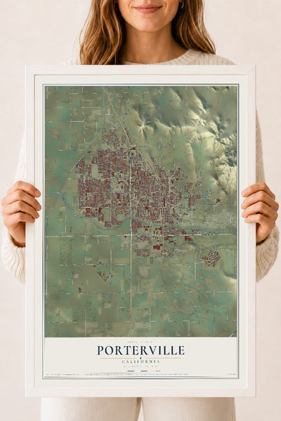 Map of Porterville, California, 18 x 24 inch print in a white wood frame
