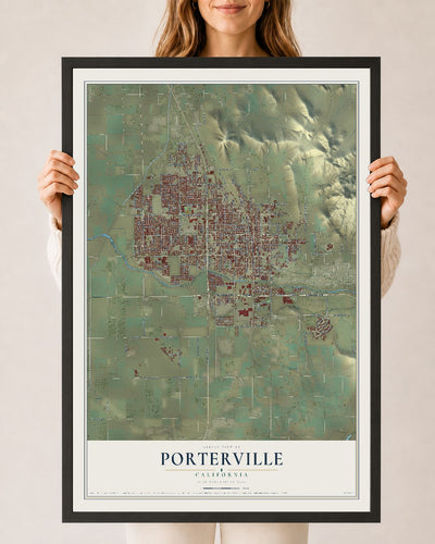 Map of Porterville, California, 24 x 36 inch print in a black wood frame