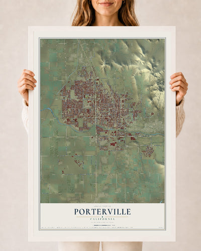 Map of Porterville, California, 24 x 36 inch print in a white wood frame