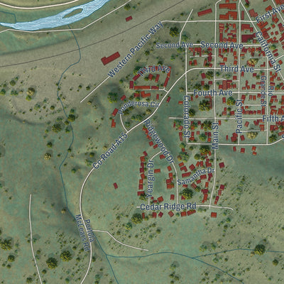 Second close-up of the map of Portola, California print showing more streets and buildings