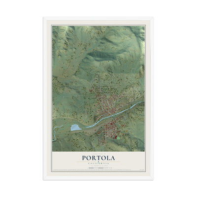 Map of Portola, California, 12 x 18 inch print in a white wood frame