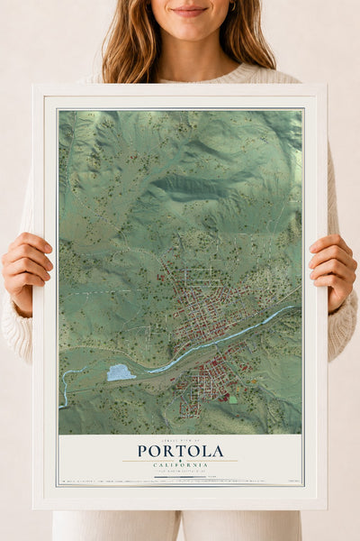 Map of Portola, California, 18 x 24 inch print in a white wood frame