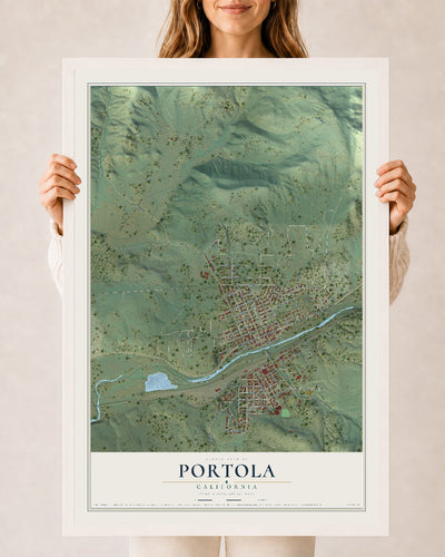 Map of Portola, California, 24 x 36 inch print in a white wood frame