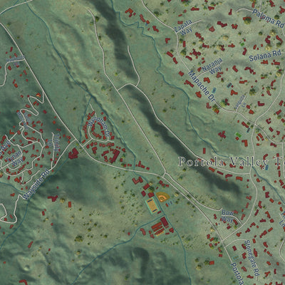 Second close-up of the map of Portola Valley, California print showing more streets and buildings