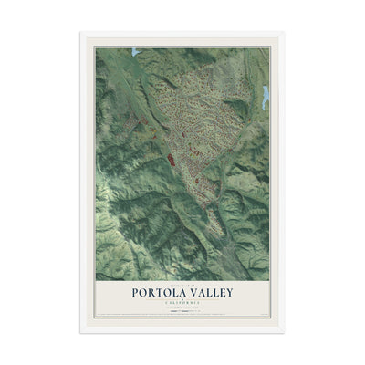 Map of Portola Valley, California, 12 x 18 inch print in a white wood frame
