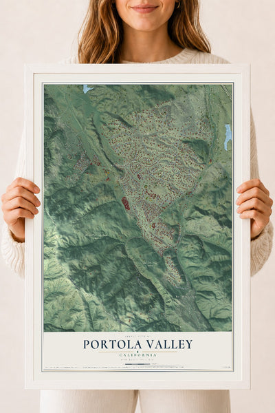 Map of Portola Valley, California, 18 x 24 inch print in a white wood frame