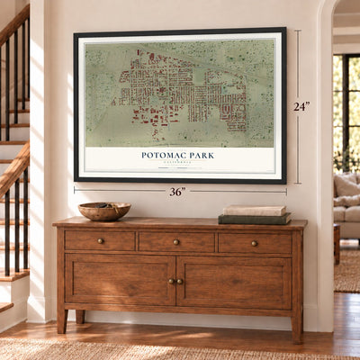 Potomac Park, California map, 24 x 36 inch print in a black frame above a dresser by a staircase