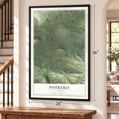 Potrero, California map, 24 x 36 inch print in a black frame by a staircase