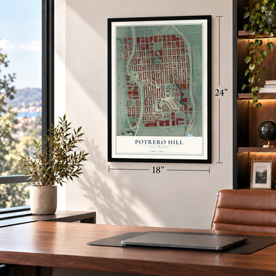 Potrero Hill, California map, 18 x 24 inch print in a black frame in a home office