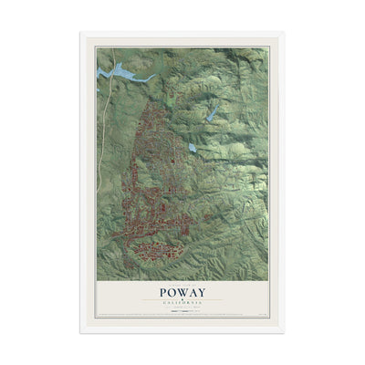 Map of Poway, California, 12 x 18 inch print in a white wood frame