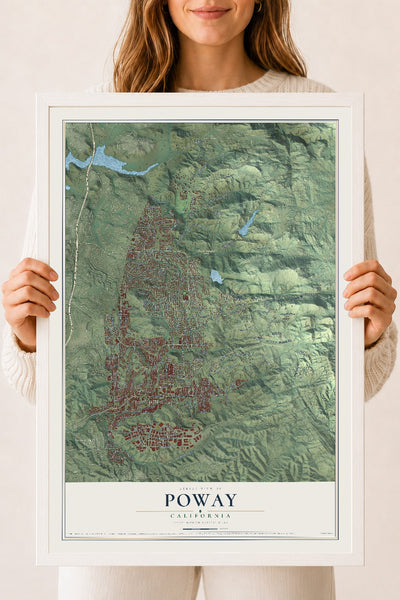 Map of Poway, California, 18 x 24 inch print in a white wood frame