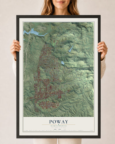 Map of Poway, California, 24 x 36 inch print in a black wood frame
