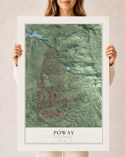 Map of Poway, California, 24 x 36 inch print in a white wood frame