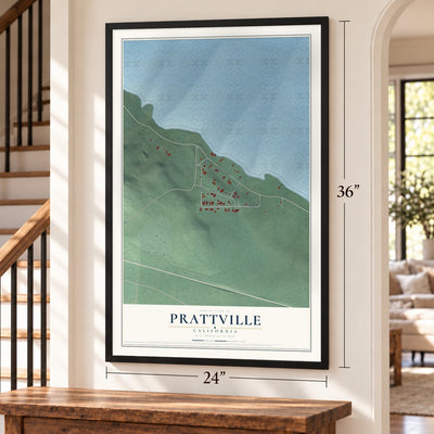 Prattville, California map, 24 x 36 inch print in a black frame by a staircase