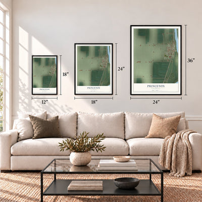 Princeton, California map in 12 x 18, 18 x 24 and 24 x 36 inch sizes above a sofa
