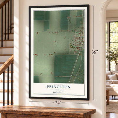 Princeton, California map, 24 x 36 inch print in a black frame by a staircase