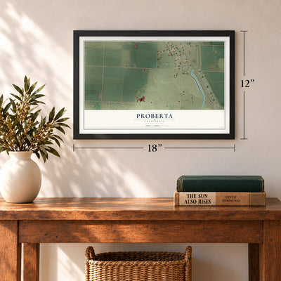 Proberta, California map, 12 x 18 inch print in a black frame in an entryway