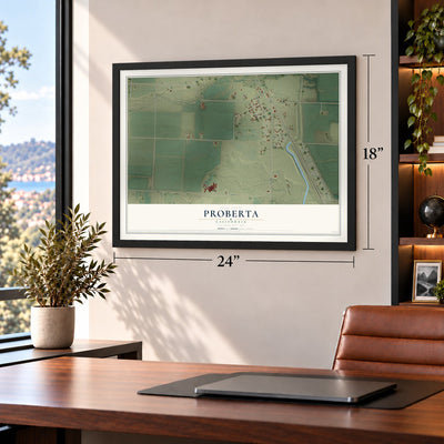 Proberta, California map, 18 x 24 inch print in a black frame in a home office