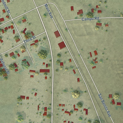 Close-up of the map of Proberta, California print showing street and building detail