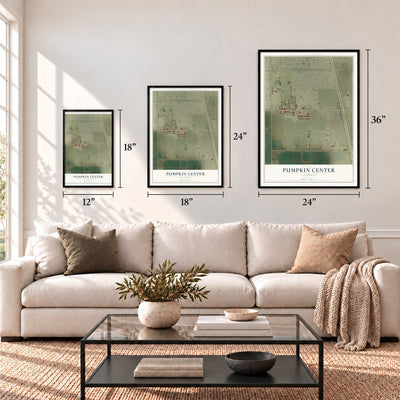 Pumpkin Center, California map in 12 x 18, 18 x 24 and 24 x 36 inch sizes above a sofa
