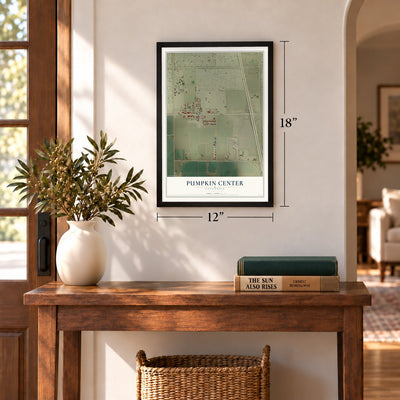 Pumpkin Center, California map, 12 x 18 inch print in a black frame in an entryway