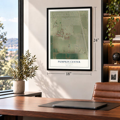 Pumpkin Center, California map, 18 x 24 inch print in a black frame in a home office