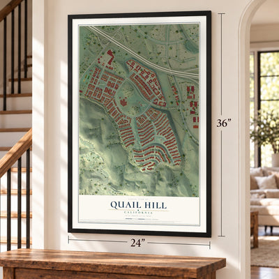 Quail Hill, California map, 24 x 36 inch print in a black frame by a staircase