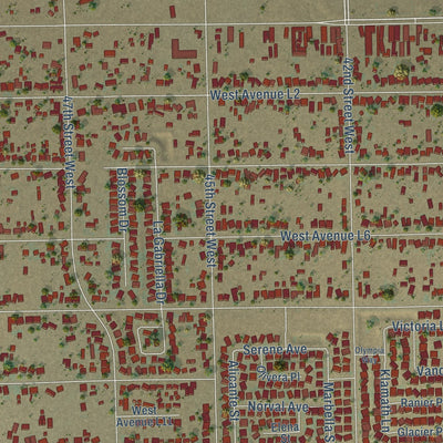 Close-up of the map of Quartz Hill, California print showing street and building detail