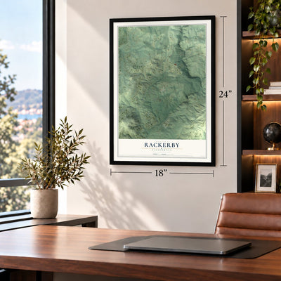 Rackerby, California map, 18 x 24 inch print in a black frame in a home office