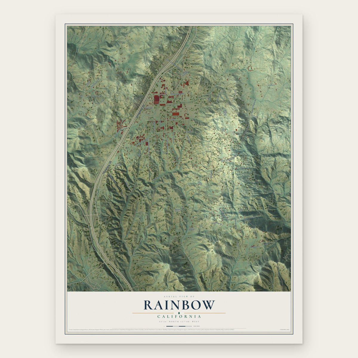 Rainbow, California map print, the full design