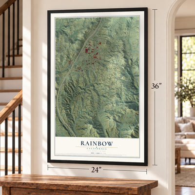Rainbow, California map, 24 x 36 inch print in a black frame by a staircase