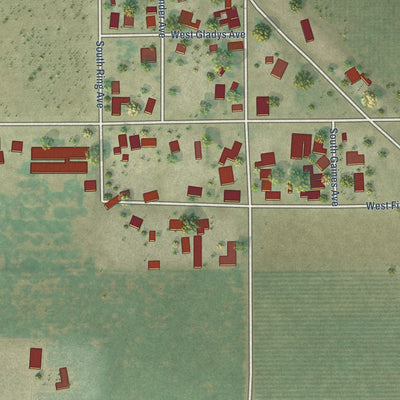 Close-up of the map of Raisin City, California print showing street and building detail
